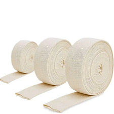 Three rolls of beige tubular bandage medical supplies in different sizes on a white background