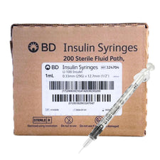 BD insulin syringes 1mL box with one sterile disposable syringe in front