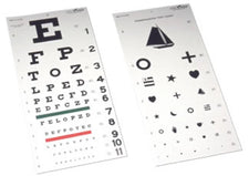 Eye charts for vision testing, including Snellen letters and pediatric symbols on white background.