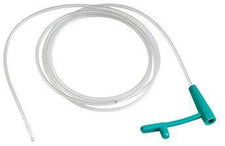 Medical suction catheter with clear tubing and green control valve on white background