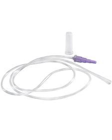 Clear medical extension tubing with purple connector and cap, healthcare supply