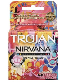 Trojan Nirvana Collection premium latex condoms 3 count, colorful packaging, contraception and STI protection