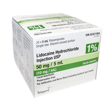 Lidocaine Hydrochloride Injection USP 1% 50mg 5mL local anesthetic sterile solution box