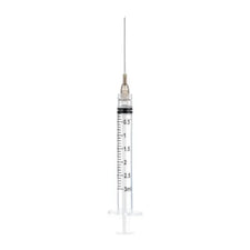 3ml medical syringe with needle, clear barrel, black plunger, measurement markings
