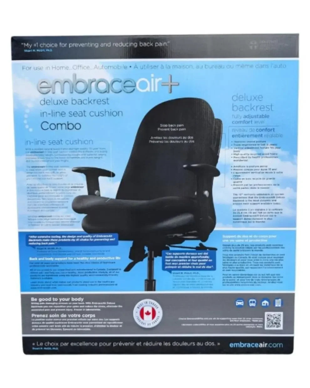 EmbraceAir Plus deluxe backrest and seat cushion combo packaging for ergonomic chair support