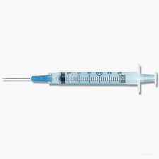 Disposable medical syringe with clear barrel and blue needle on white background