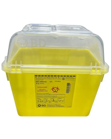 Yellow sharps container with clear lid for safe needle and biohazard waste disposal