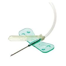 Butterfly winged infusion set with green wings and attached tubing for IV access