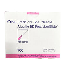 Box of BD PrecisionGlide 18G 1.5 inch sterile single use medical needles, 100 count