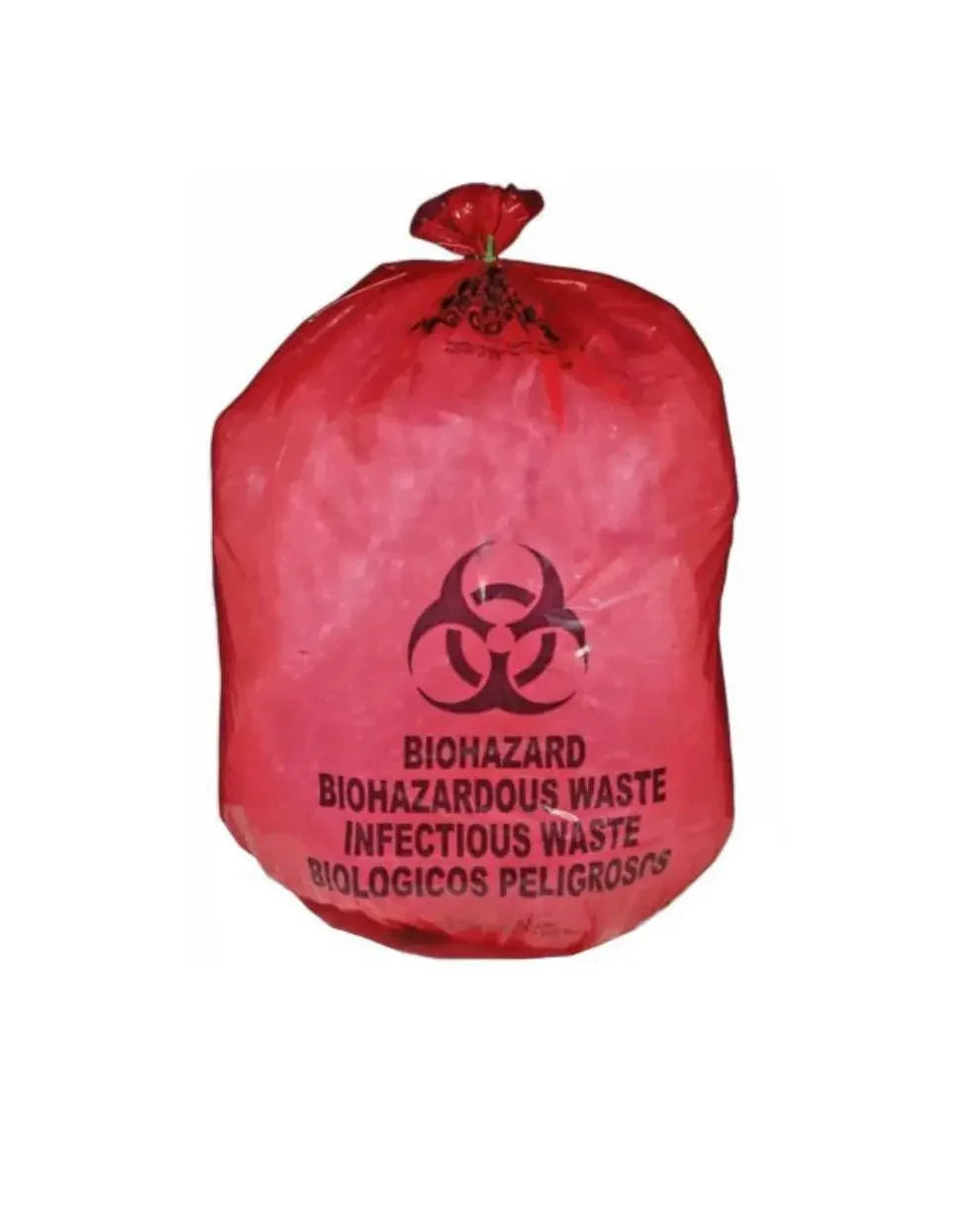 Red biohazard waste bag labeled for infectious and biohazardous medical waste disposal