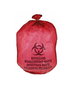Red biohazard bag for infectious waste disposal, medical waste symbol and warning text.