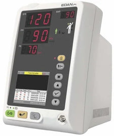 Digital blood pressure monitor showing systolic 120, diastolic 90, pulse 70, medical supply device