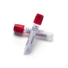 Two empty blood collection tubes with red caps on a white background, medical supplies.