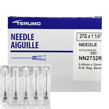 Box of Terumo 27G x 1 1/4 inch medical needles with five individually packaged needles
