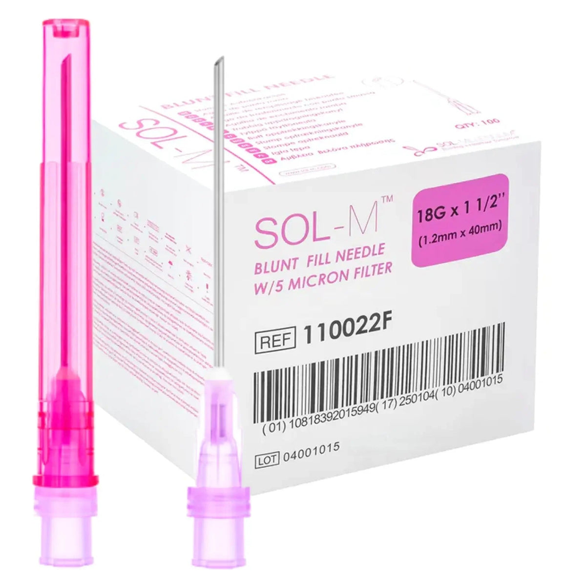 18G x 1 1/2" |  Sol-M 110022F Blunt Fill Needle with 5 Micron Filter  (100pcs)