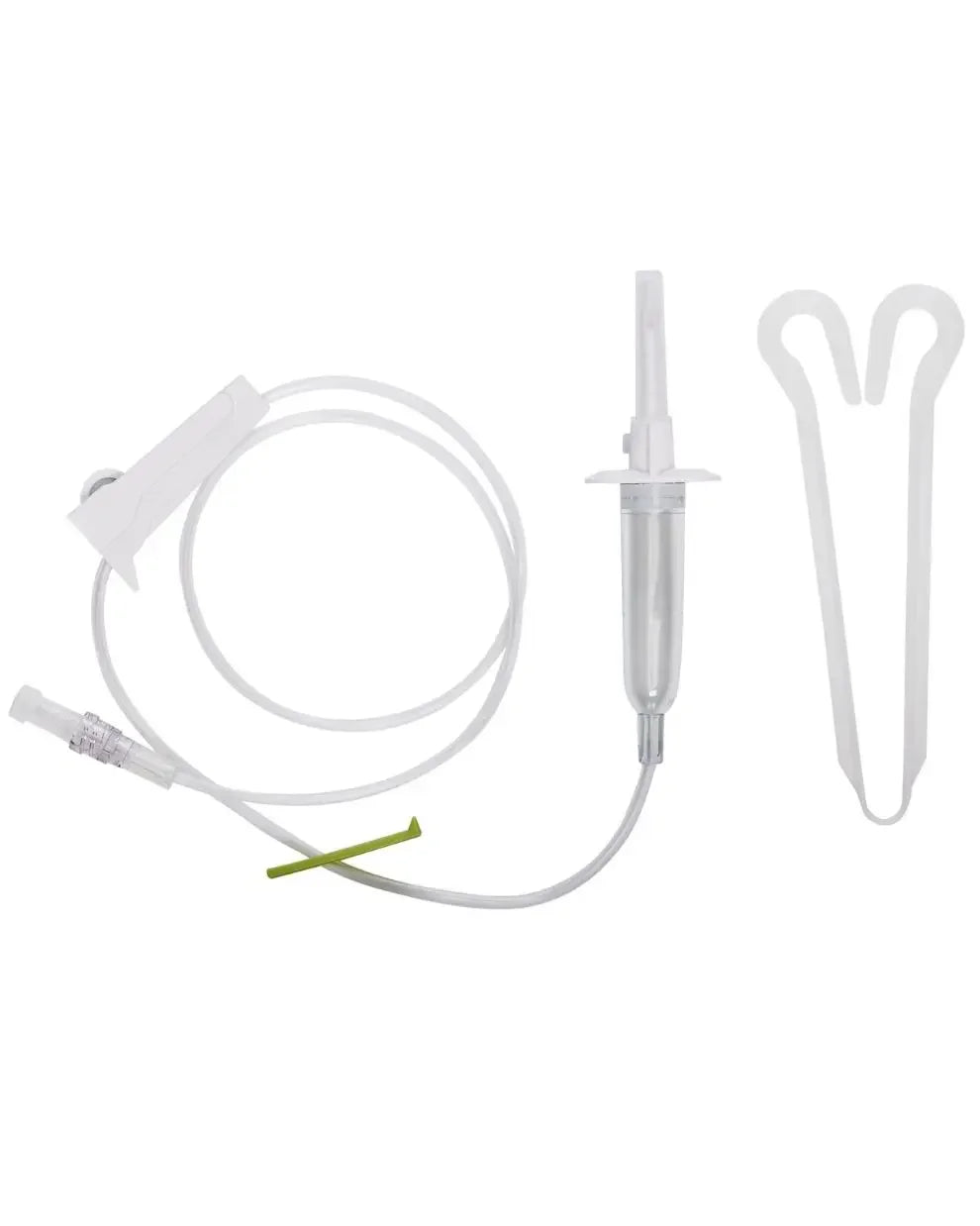 IV infusion set with spike, drip chamber, tubing, and flow regulator on white background