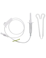 IV infusion set with spike, drip chamber, tubing, and flow regulator on white background