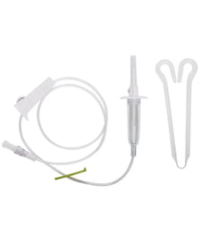 IV infusion set with spike, drip chamber, tubing, and flow regulator on white background