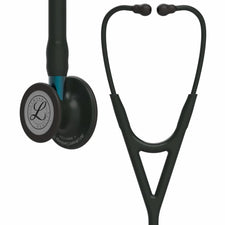 Black medical stethoscope with dual-head chest piece, close-up on tubing and earpieces.