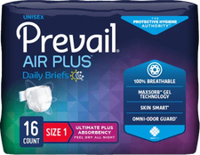 Prevail Air Plus Daily Briefs package, unisex incontinence briefs, 16 count, size 1, protective hygiene supplies