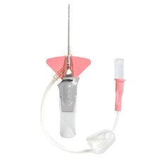 IV catheter with pink safety wings and extension tubing on a white background