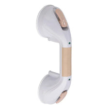 White and beige suction grab bar for bathroom safety and mobility support