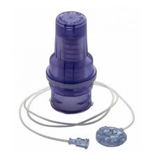 Purple medical IV flow control set with tubing and connectors on white background