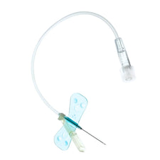 Butterfly winged infusion set with luer lock, sterile medical needle and tubing on white background