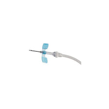 butterfly winged infusion set with blue wings and clear tubing on white background