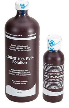 Two brown bottles of 10% povidone iodine antiseptic solution, labeled for external use.