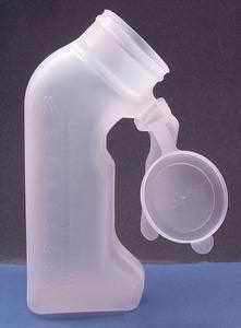 Transparent plastic portable urinal with attached lid for home care or medical use