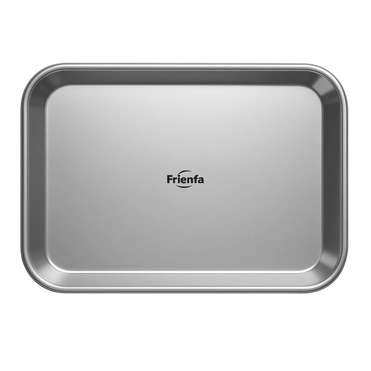 Stainless steel medical instrument tray with rounded corners and Frienfa logo