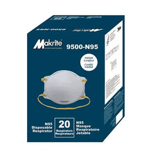 Box of Makrite 9500-N95 NIOSH-certified disposable N95 respirators, 20 pack