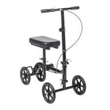 Black knee walker scooter with padded seat and four wheels for mobility aid