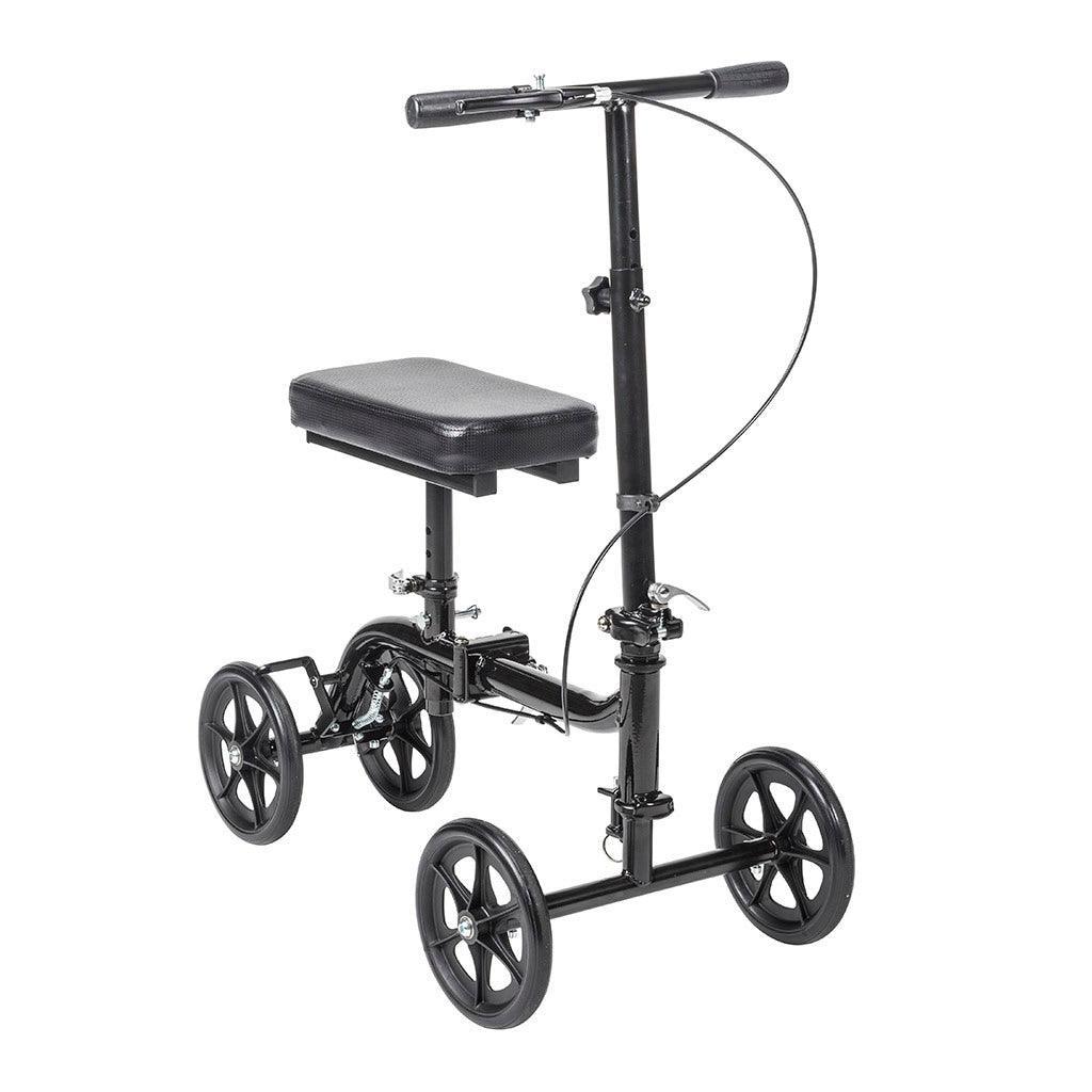 Black knee scooter with padded seat and four wheels for mobility aid