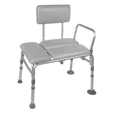 Padded transfer bench with backrest and adjustable legs for home care or mobility assistance