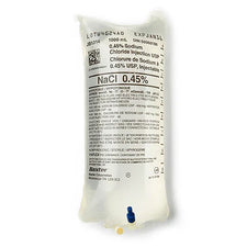 0.45% sodium chloride IV solution bag, clear medical fluid packaging with label
