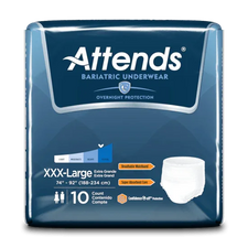 Attends bariatric underwear XXX-large adult diapers package, 10 count, for overnight protection.
