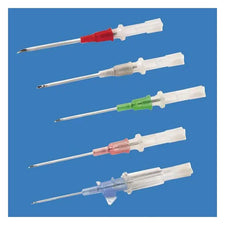 Assorted IV catheters with colored hubs on blue background for medical use