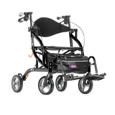 Lightweight black rollator wheelchair with four wheels, padded seat, and footrests for mobility aid.