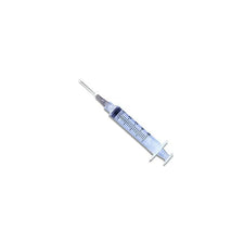 Sterile disposable medical syringe with needle on white background