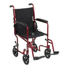 Lightweight red transport wheelchair with black seat, armrests, and footrests.