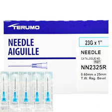 Terumo 23G x 1 inch hypodermic needles, sterile medical supply, box and five individually packed needles