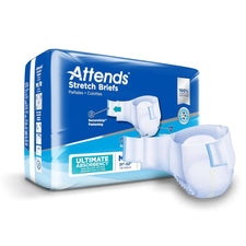 Attends Stretch Briefs adult diapers packaging, ultimate absorbency, medium to regular size