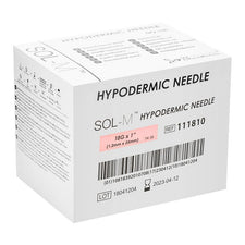 Box of SOL-M hypodermic needles 18G x 1 inch, medical supply packaging.
