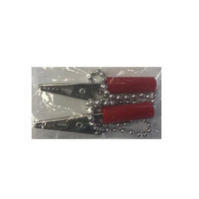Pair of metal alligator clips with red insulated handles and attached bead chain