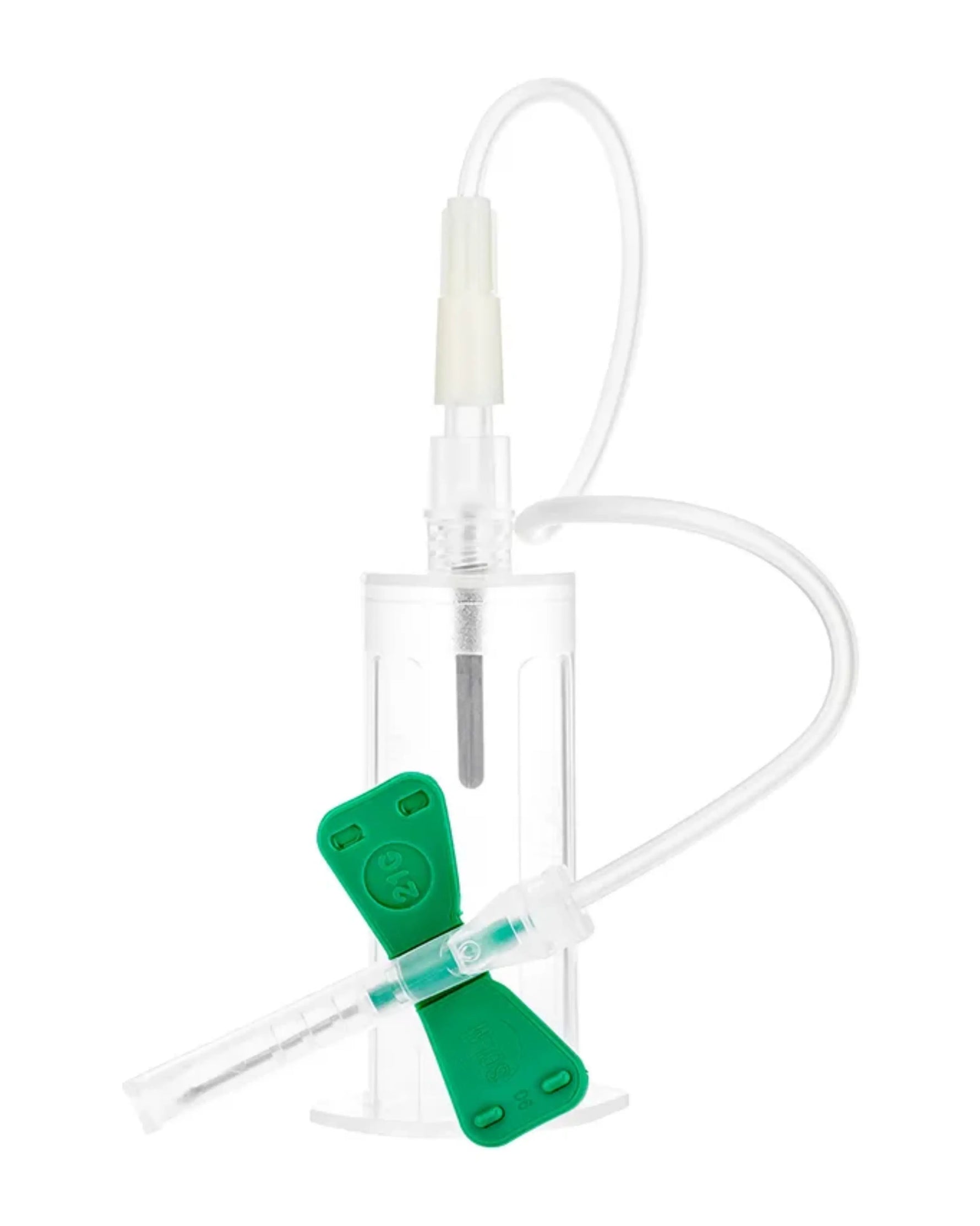 Butterfly blood collection set with green wings and clear tubing for medical use