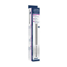 Chrome grab bar with rotating flange in retail packaging, safety support for bathroom.