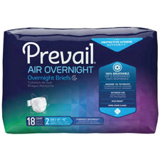 Prevail Air Overnight adult briefs packaging, 18 count, overnight absorbency, size 2