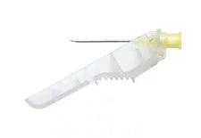 Medical IV catheter with safety shield, yellow hub, used for intravenous access